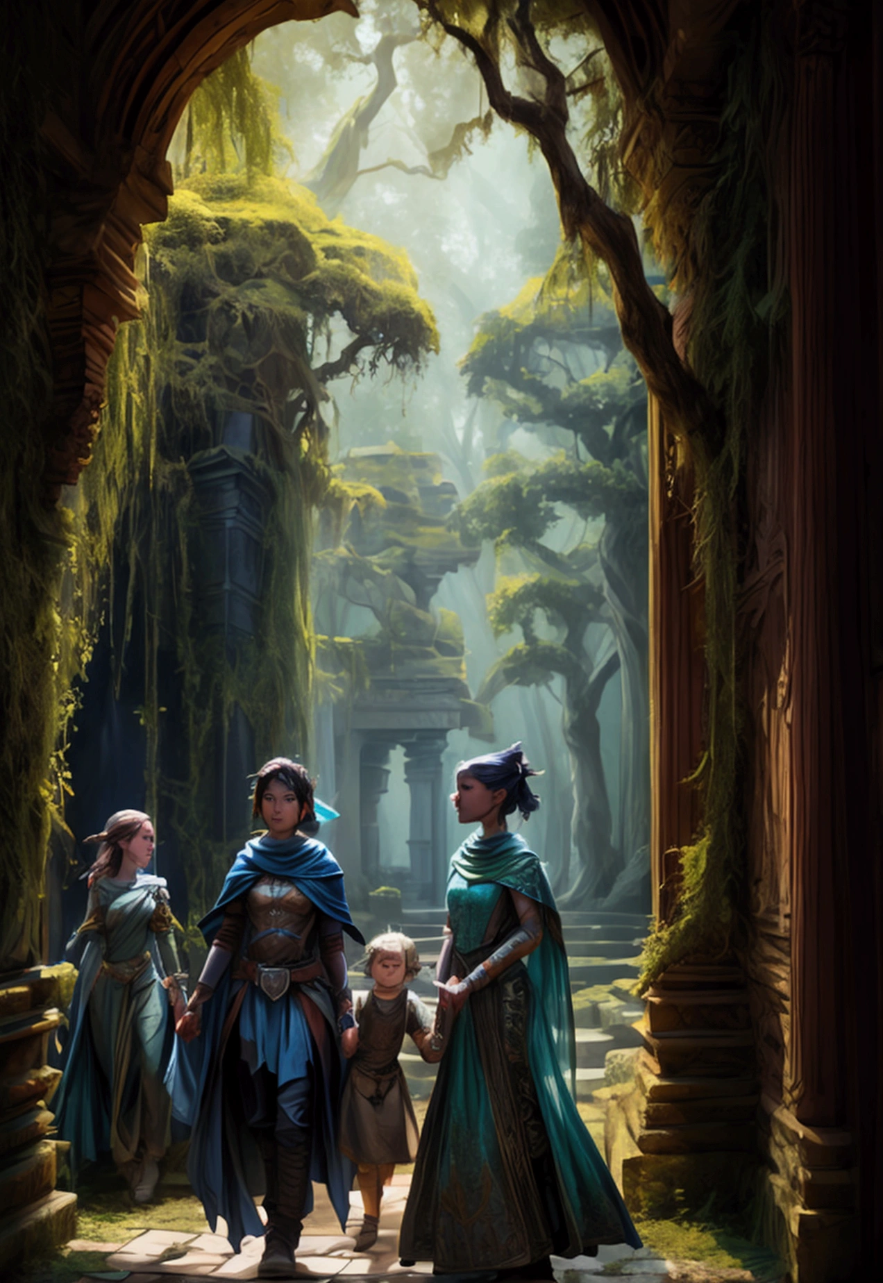 A cinematic medium shot of three teenagers - two girls and a boy - dressed in blue tabards, exploring an ancient temple ruins in a swamp. The background is filled with intricate details, including moss-covered stones, twisted trees, and eerie atmosphere. The lighting is cinematic, with rim light, backlighting and beautiful faces with piercing eyes. In epic fantasy style. D&d