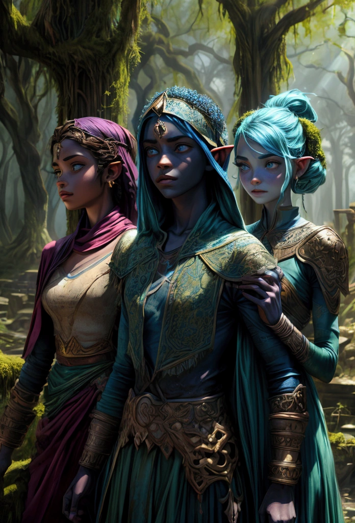 A cinematic medium shot of three teenagers - two girls and a boy - dressed in blue tabards, exploring an ancient temple ruins in a swamp. The background is filled with intricate details, including moss-covered stones, twisted trees, and eerie atmosphere. The lighting is cinematic, with rim light, backlighting and beautiful faces with piercing eyes. In epic fantasy style. D&d