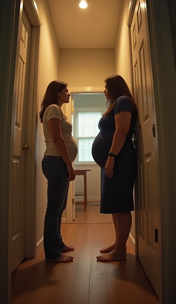Pov when there is a plus size stepmother who is standing and face to face with you who is very pregnant in front of the door, fish eye camera view, iphone camera style. HD, realface, cinematic