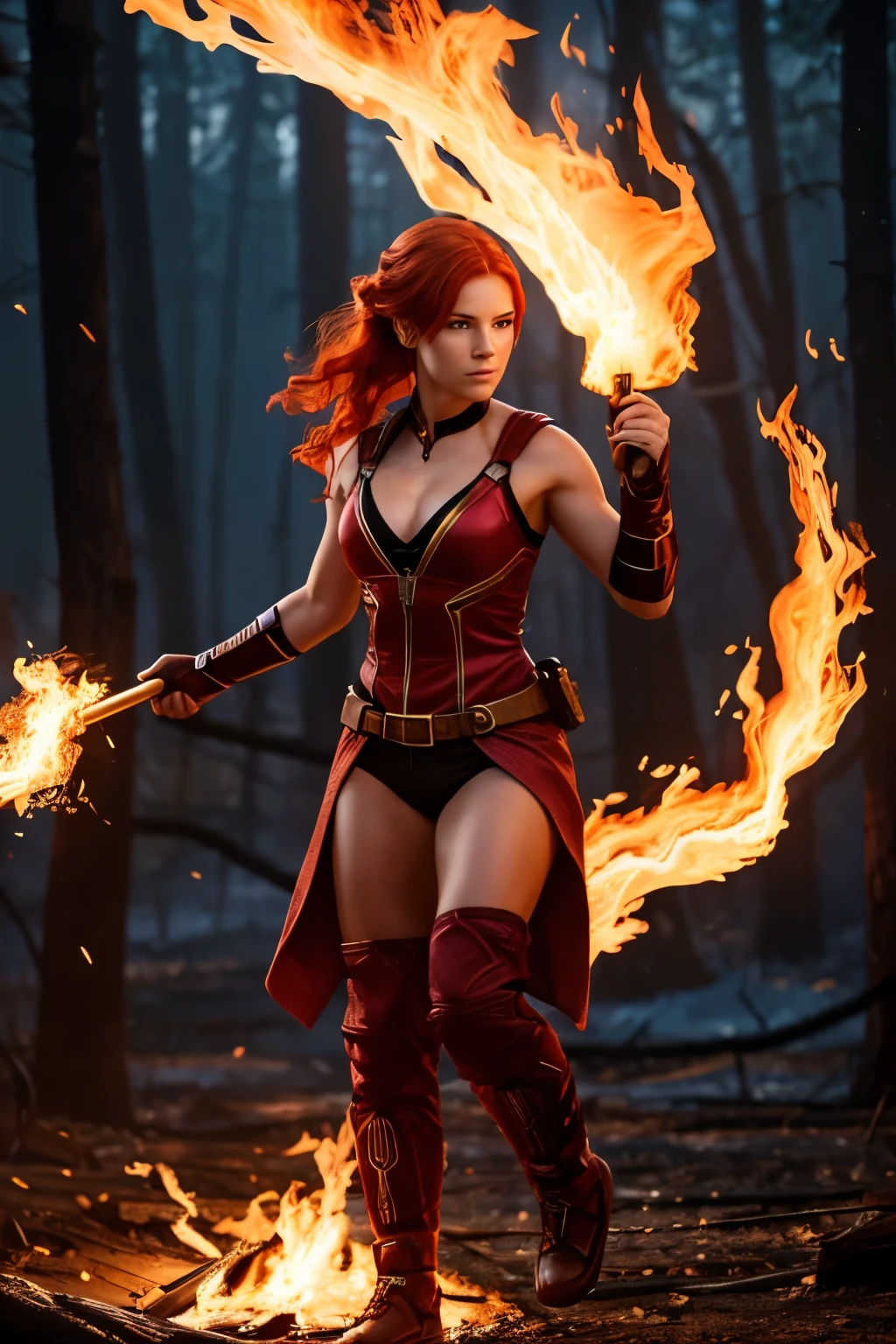 Character Concept: Aurora Blaze
Physical Description
 * Height: 5'9"
 * Weight: 145 lbs
 * Build: Athletic, toned physique with defined muscles.
 * Hair: Fiery red hair that cascades down her back.
 * Skin Tone: Fair complexion with a rosy tint.
 * Attire: Often wears outfits with fire-inspired designs, such as flames or embers.
 * Accessories: Sometimes carries a fiery-looking staff or torch.
Unique Features
 * Pyrokinesis: Aurora has the ability to control fire, creating and manipulating flames at will.
 * Heat Resistance: Her body is naturally resistant to heat, allowing her to withstand intense temperatures.