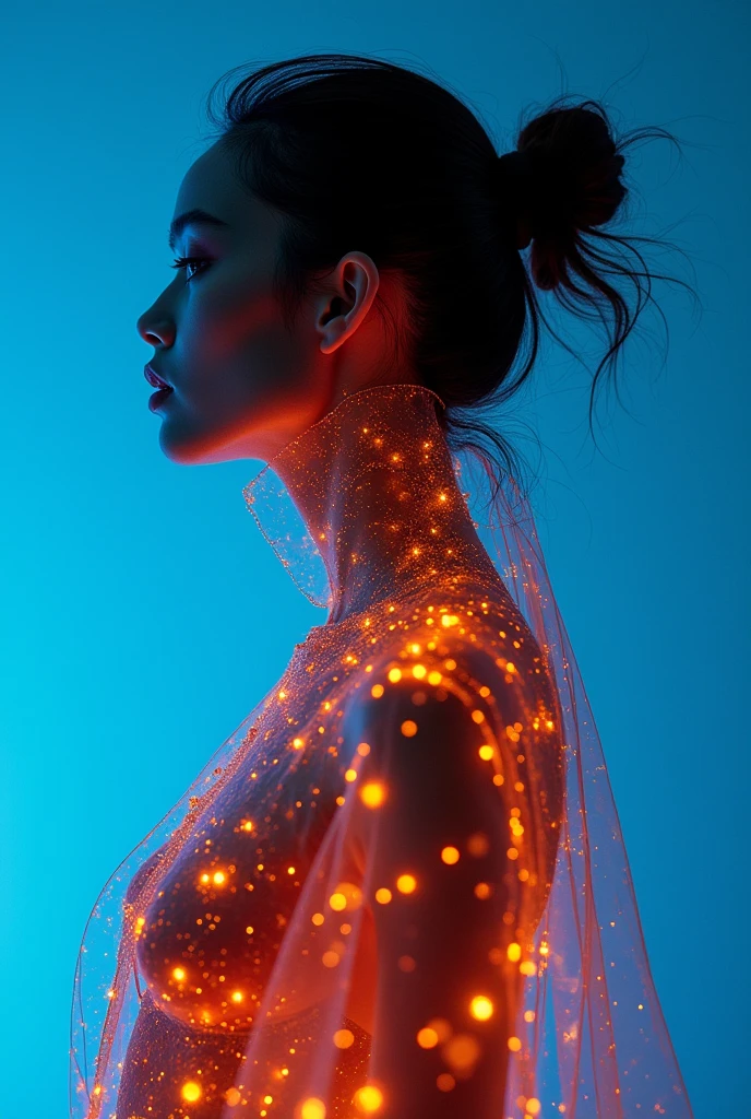 ashion editorial photography, medium shot of an asian model,Blue background,Orange contrast,Tech patterns, Dynamic silhouette, Virtual devices, Light effects and particles, Futuristic typography, Dynamic movement,Abstract geometry