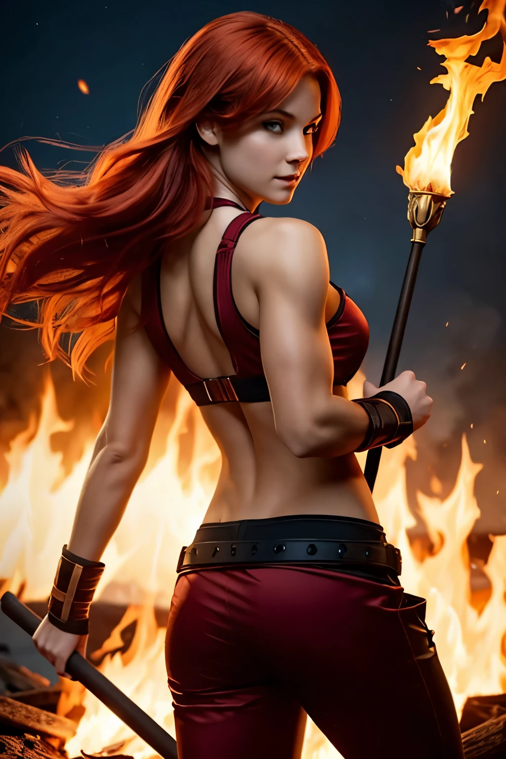 Character Concept: Aurora Blaze
Physical Description
* Height: 5'9"
* Weight: 145 lbs
* Build: Athletic, toned physique with defined muscles.
* Hair: Fiery red hair that cascades down her back.
* Skin Tone: Fair complexion with a rosy tint.
* Attire: Often wears outfits with fire-inspired designs, such as flames or embers.
* Accessories: Sometimes carries a fiery-looking staff or torch.
Unique Features
* Pyrokinesis: Aurora has the ability to control fire, creating and manipulating flames at will.
* Heat Resistance: Her body is naturally resistant to heat, allowing her to withstand intense temperatures.