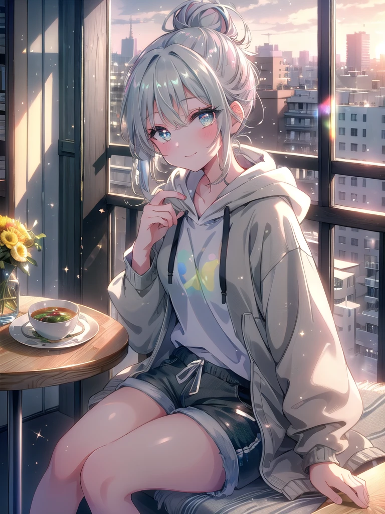 ((8k, Highest quality, masterpiece: 1.3)),Ultra-high resolution,(1 girl, alone), (Color changing eyes, Ultra-detailed, Expressive brilliance, Glitter, Glowing Eyes), Highly detailed eyes, Highly detailed face, Random Hair, ((pastel colour) The woman is seated at a small table on the balcony of a modern apartment, with a small plate of sushi and a cup of green tea in front of her. She’s wearing a light gray hoodie and casual shorts, her hair in a messy bun. The balcony overlooks a peaceful cityscape, with the afternoon sun casting gentle shadows. She looks at the camera with a warm, loving smile, her eyes filled with adoration as she talks, her hand resting on the table, the other gesturing softly, inviting her boyfriend into the conversation.
