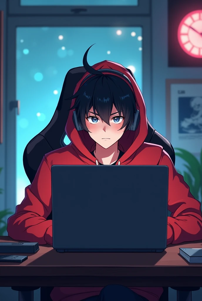 A male anami business character sitting on the gaming chair and looking on front of laptop in the table and wearing red houddi and with a headset and in the normal gaming room looking on the front opposite front