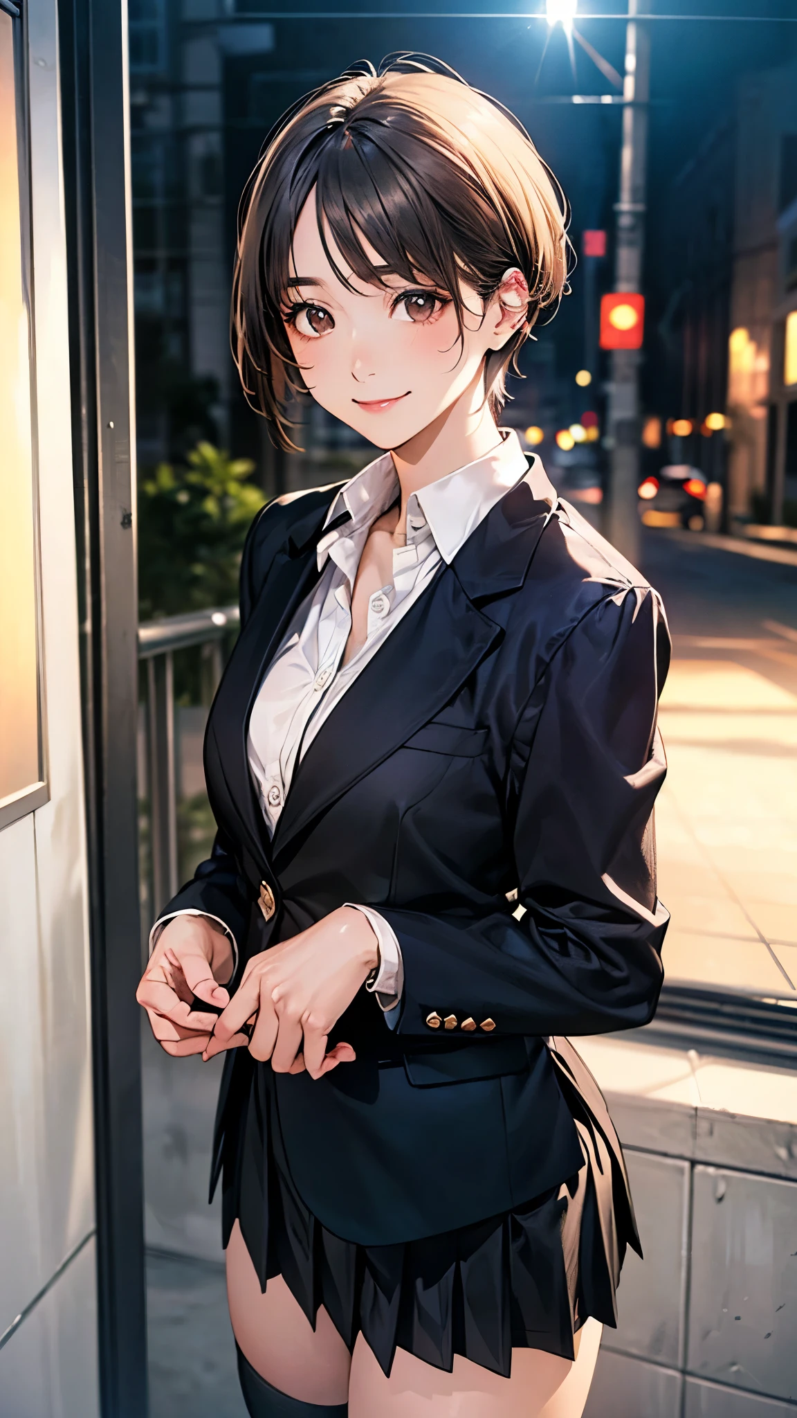 (masterpiece:1.2, Highest quality), (Realistic, photoRealistic:1.4), Beautiful illustrations, (Natural Side Lighting, Cinema Lighting), 
View your viewers, Cowboy Shot, Front view, 1 person, Japanese, high school girl, Perfect Face, Cute and symmetrical face, Glowing Skin, 
(short hair:1.2, Bobcut:1.2, Brown Hair), Swept-apart bangs, Dark brown eyes, Long eyelashes, (Large Breasts:0.6, Captivating thighs), 
Beautiful Hair, Beautiful Face, Beautiful attention to detail, Beautiful clavicle, Beautiful body, Beautiful breasts, Beautiful thighs, Beautiful feet, Beautiful fingers, 
(((Black blazer, Close Blazer), White collared shirt with long sleeves, Black pleated skirt, Black socks)), 
(Beautiful views), evening, street, Are standing, (Cute smile, Upward glance), 