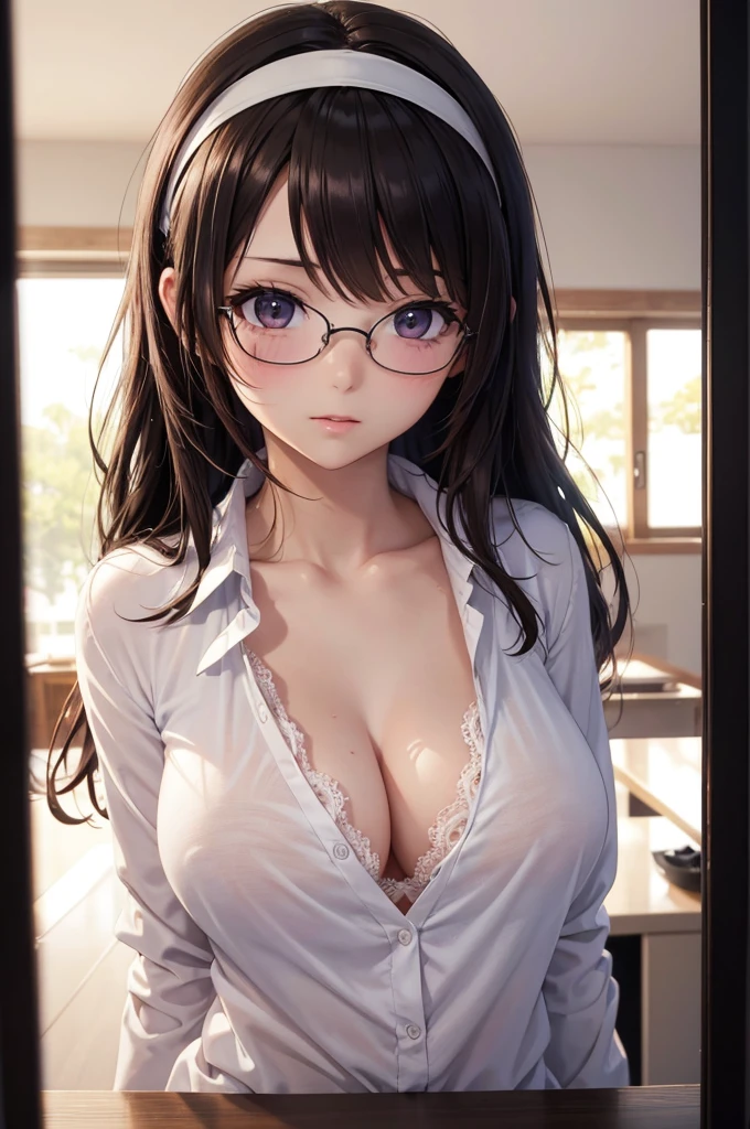 A beautiful girl in a white oversized shirt posing for the photo in the kitchen, anime girl, well-furnished kitchen, morning light, anime CG, big rounds breasts, open shirt, white lace panties, dark brown hair, long bangs, long hair, messy hair, wavy hair, expressive hair, shiny hair, eyewear on head, hairband, embarrassed, shy, blush, glossy lips, nervous, facing another, facing another, confused, high detail, anime, anime style, depth of field, perfect pixel, good lighting, cinematic lighting, dithering, image fill, first-person view, wide shot, perspective, panorama, Wide-Angle, f/1.8, 85mm, Nikon, 8k, super detail, UHD, retina, masterpiece, accurate, anatomically correct, textured skin, high details, best quality, highres, 16k