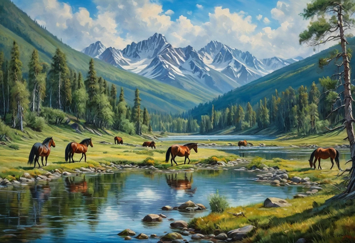 wild horses in the Altai Mountains, lake, detailed oil paint, inspired by Ivan Shishkin's paintings