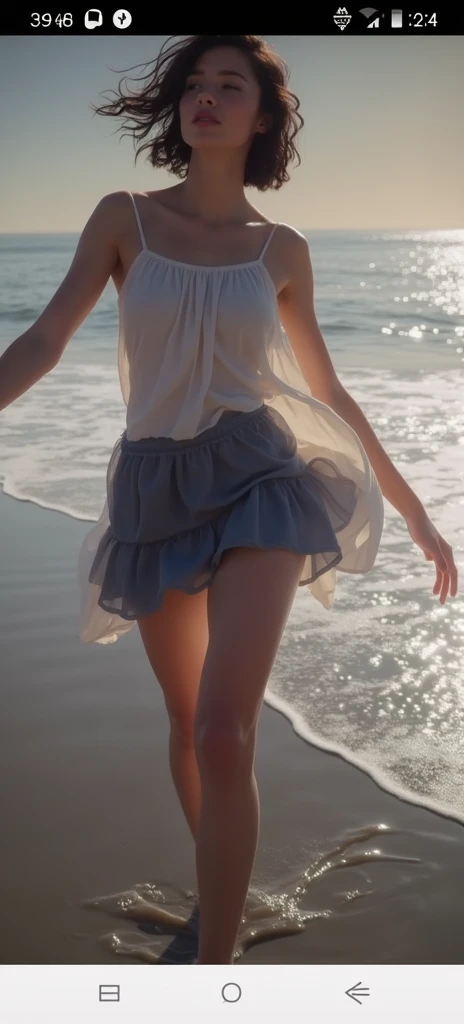 reference sheet: 1.8, great details, high quality, masterful work, a beautiful girl walks along the surface of the water at dusk, gloomy atmosphere, wet dress, gloomy background, River, stones, Dry trees, girl in a wet dress, barefoot, оголённые legs, got lost, girl in search, in a torn dress, torn clothes, torn fabric, pieces of cloth, came ashore after a shipwreck, shipwrecks float in the distance, wounds and abrasions on the body, идет и limps, in search of accommodation and food, a seriously wounded girl in scraps of dress and torn fabric, holds the wet hem of her dress with one hand, wounded body, seriously wounded girl can barely walk, blood из раны, blood, Twilight, sunny goes beyond the horizon, it's getting dark , limps, low horizon, anatomy, legs, правильная anatomy ног, legs в воде, правильная anatomy, hands, Hands, анатомичные hands, fingers, правильные hands