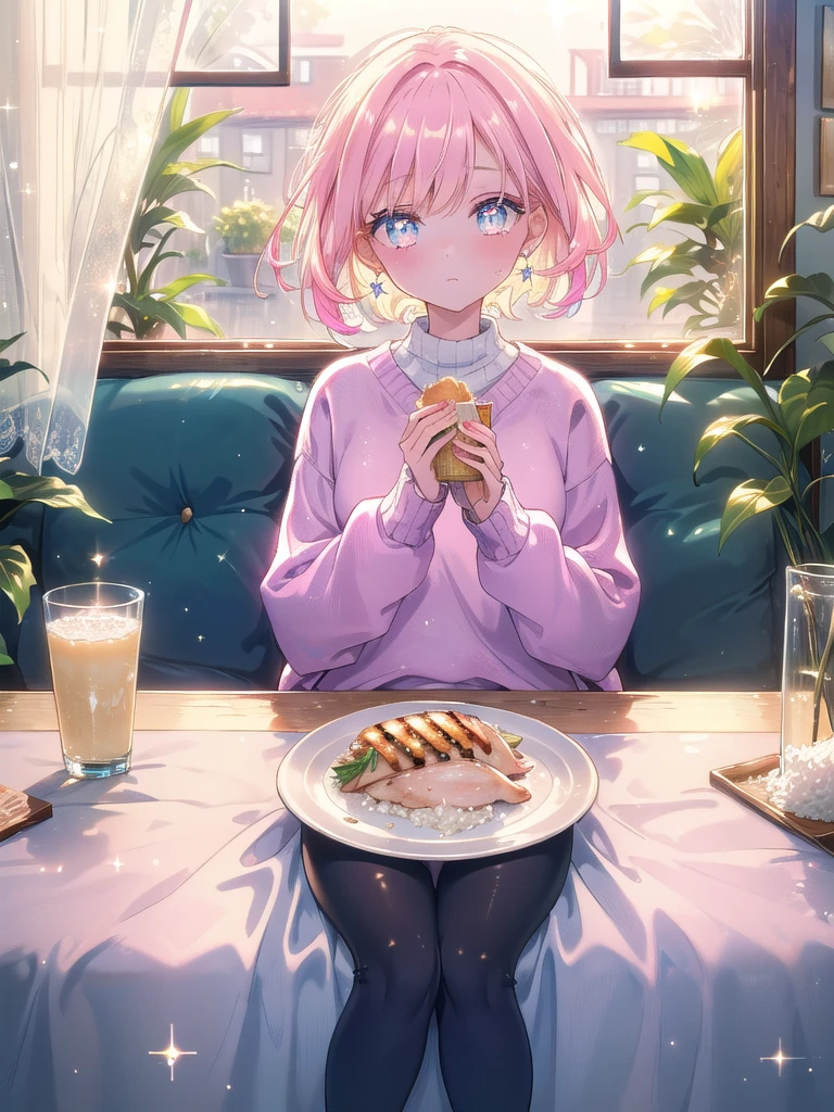 ((8k, Highest quality, masterpiece: 1.3)),Ultra-high resolution,(1 girl, alone), (Color changing eyes, Ultra-detailed, Expressive brilliance, Glitter, Glowing Eyes), Highly detailed eyes, Highly detailed face, Random Hair, ((pastel colour) In a quaint, sunlit dining nook, the woman sits at a small wooden table with a simple plate of grilled chicken and a small serving of rice. She’s dressed in a loose-fitting, pastel-colored sweater and comfortable leggings. The room is adorned with a few houseplants and a light breeze rustles the curtains. She gazes at the camera with a tender, slightly melancholic expression, her eyes reflecting a deep connection and understanding, as if she’s sharing something personal or reflective with her boyfriend.