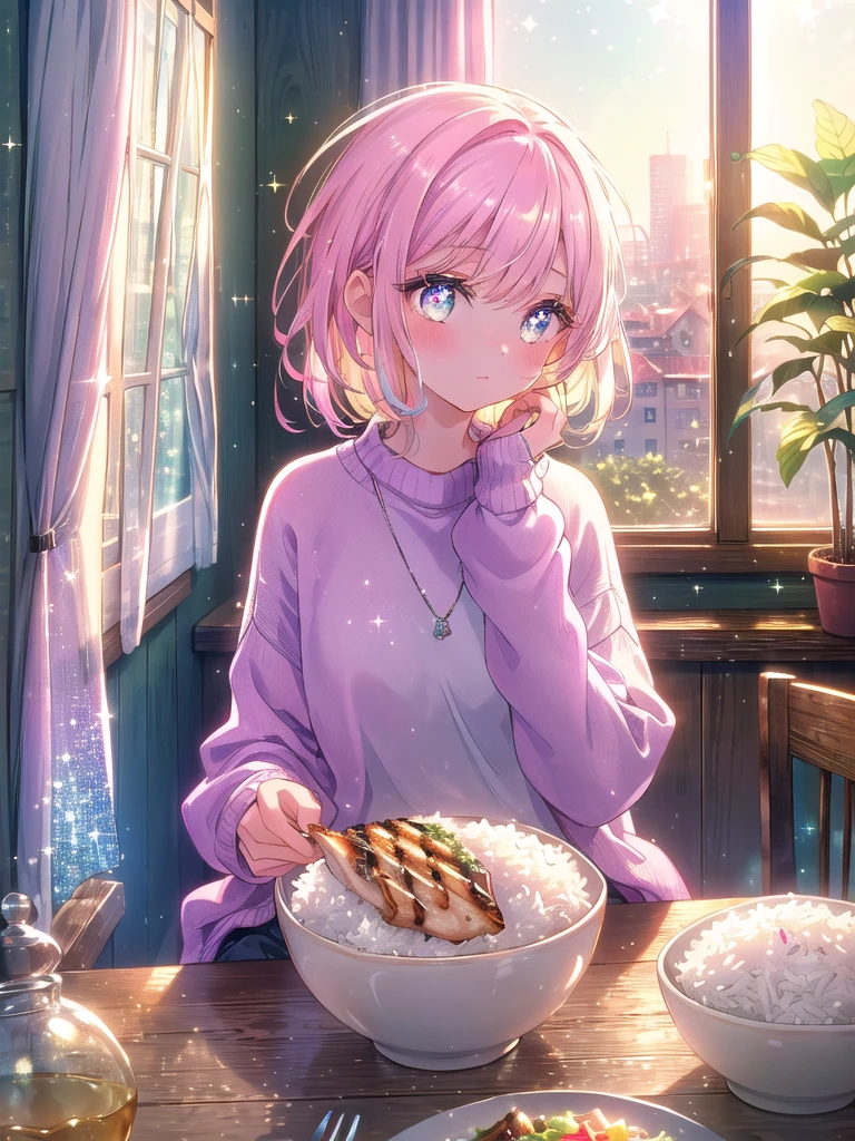 ((8k, Highest quality, masterpiece: 1.3)),Ultra-high resolution,(1 girl, alone), (Color changing eyes, Ultra-detailed, Expressive brilliance, Glitter, Glowing Eyes), Highly detailed eyes, Highly detailed face, Random Hair, ((pastel colour) In a quaint, sunlit dining nook, the woman sits at a small wooden table with a simple plate of grilled chicken and a small serving of rice. She’s dressed in a loose-fitting, pastel-colored sweater and comfortable leggings. The room is adorned with a few houseplants and a light breeze rustles the curtains. She gazes at the camera with a tender, slightly melancholic expression, her eyes reflecting a deep connection and understanding, as if she’s sharing something personal or reflective with her boyfriend.