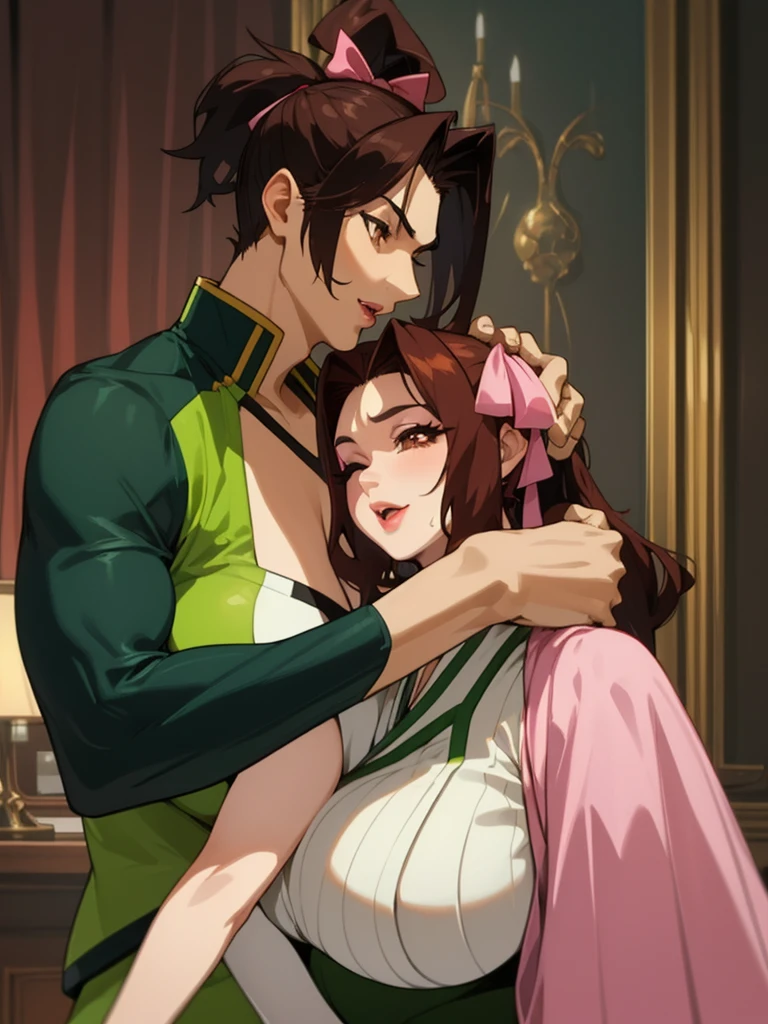 highres, high quality:1.2), digital art, perky round breasts, conservative clothes, green kunoichi dress, jacket unbuttoned over dress, smiling, soft expression, kind eyes, eyes half closed, Kyouka, 1girl, only upper body visible, hugging a muscular man, open mouth, mature female, turned to the side, side view, short sleeves, mature face, rounded breasts, beautiful face, feminine, curtain, sofa, living room (\place\), complex background, brown eyes, brown hair, sidelocks, lipstick, makeup, detailed face, ponytail, pouty lips, pink hair ribbon, (curvy:0.8), huge breasts