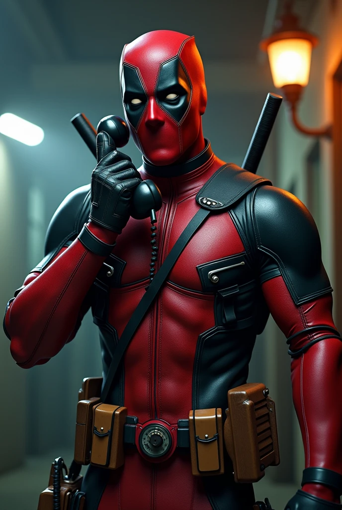 Deadpool holding a telephone 