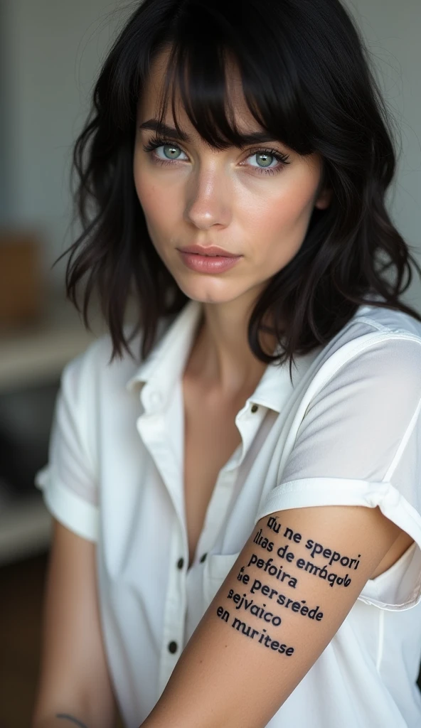A photo of a person with a tattoo on their arm. The tattoo is black and white and says "No esperes a sentirte motivado. Toma acción y la motivación llegará" which translates to "Don't wait to feel motivated. Take action and motivation will come". The person is wearing a white shirt and has dark hair. The background is blurred and contains a few objects.