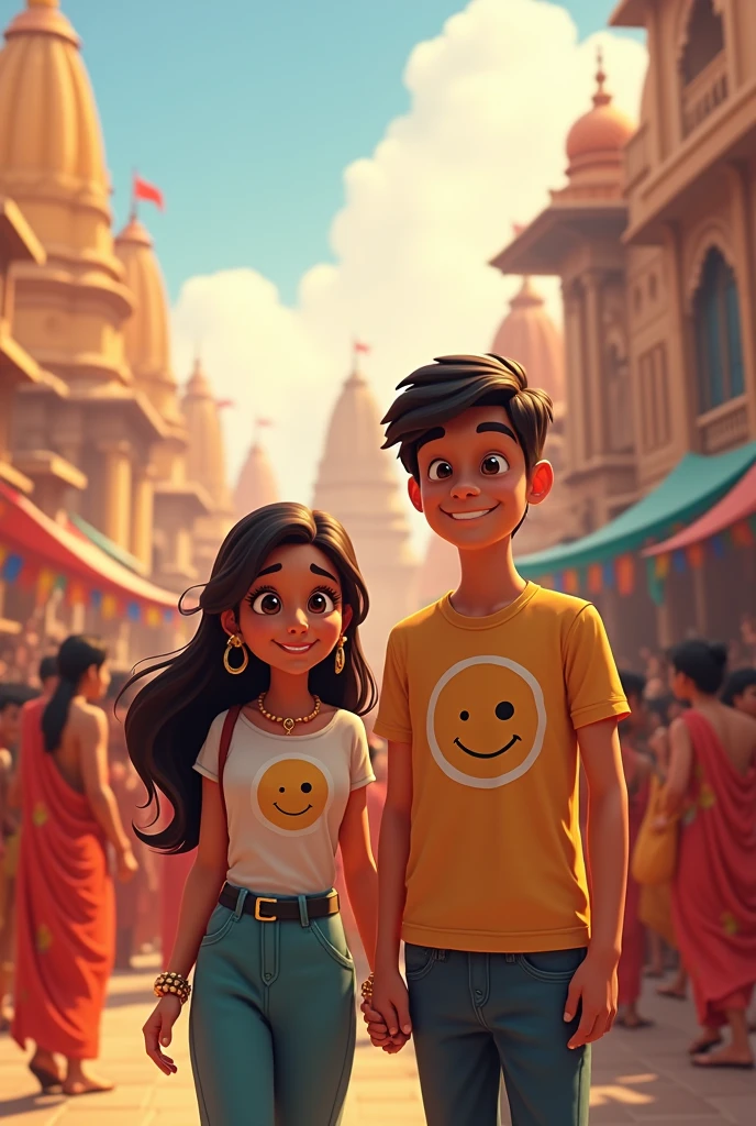A animation A 20 year old girl bring tshirt name komal and smile logo with 20 year old boy celebration environment and happy people celebrate krishna janmashtami vrindavan and god god places with Radha Krishna