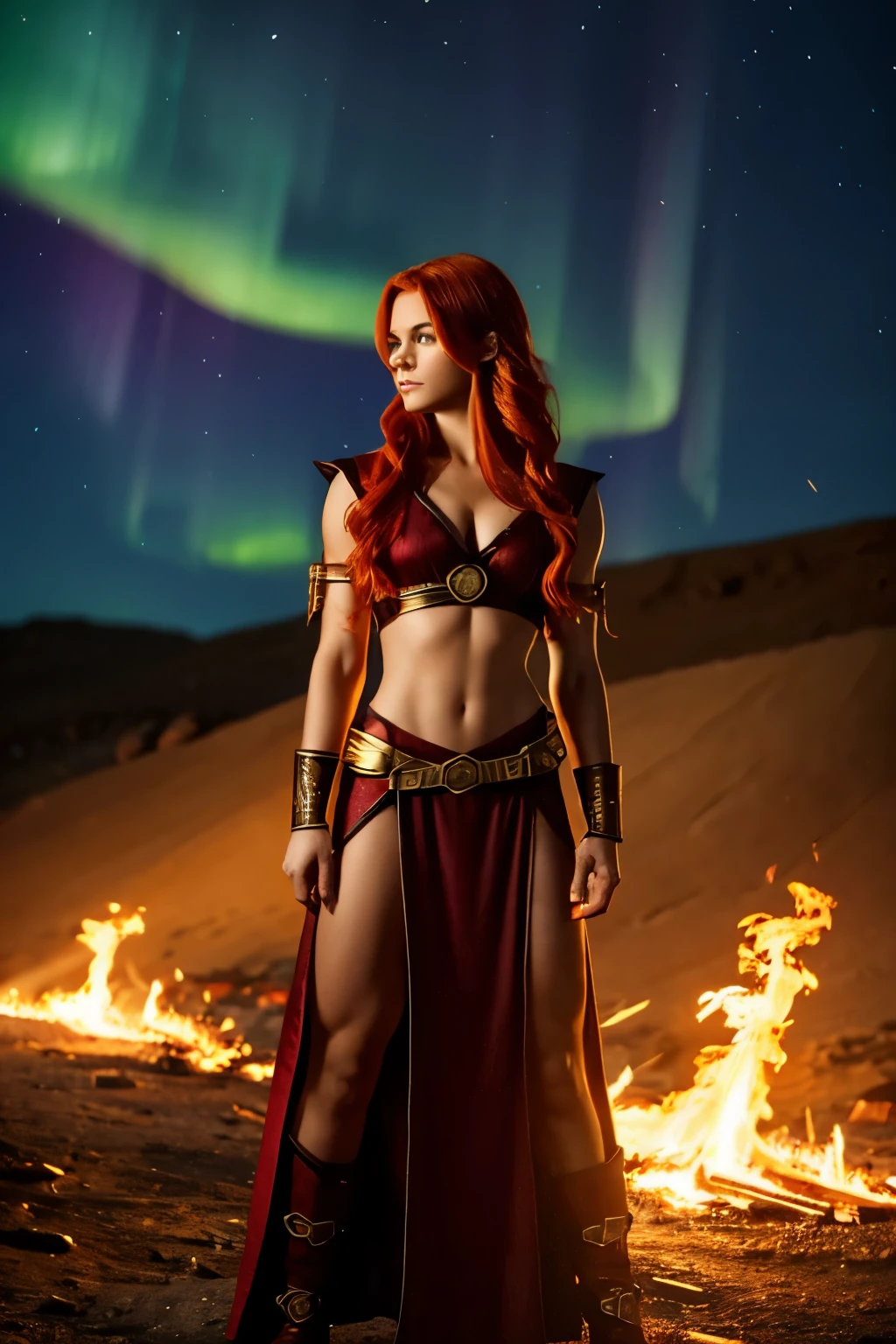 Character Concept: Aurora Blaze
Physical Description
* Height: 5'9"
* Weight: 145 lbs
* Build: Athletic, toned physique with defined muscles.
* Hair: Fiery red hair that cascades down her back.
* Skin Tone: Fair complexion with a rosy tint.
* Attire: Often wears outfits with fire-inspired designs, such as flames or embers.
* Accessories: Sometimes carries a fiery-looking staff or torch.
Unique Features
* Pyrokinesis: Aurora has the ability to control fire, creating and manipulating flames at will.
* Heat Resistance: Her body is naturally resistant to heat, allowing her to withstand intense temperatures.