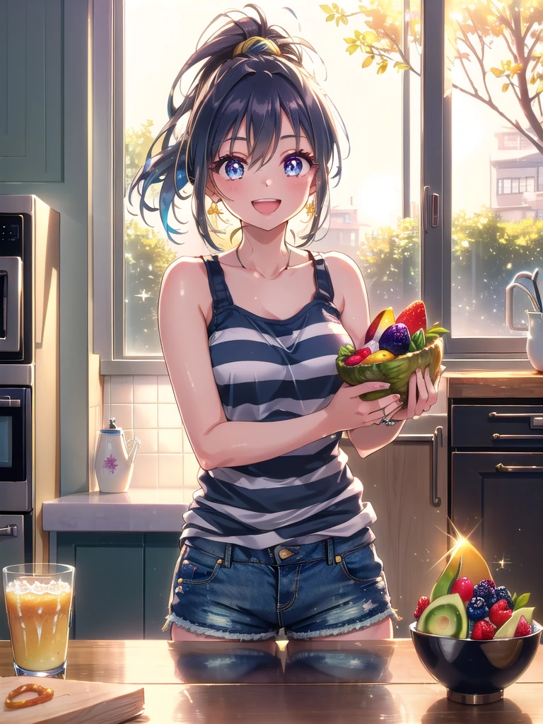 ((8k, Highest quality, masterpiece: 1.3)),Ultra-high resolution,(1 girl, alone), (Color changing eyes, Ultra-detailed, Expressive brilliance, Glitter, Glowing Eyes), Highly detailed eyes, Highly detailed face, Random Hair, ((pastel colour)The woman sits at the kitchen counter, with a half-eaten avocado toast and a small bowl of mixed berries next to a glass of water. She’s wearing a casual striped tank top and denim shorts, her hair styled in a simple ponytail. The kitchen is modern with clean lines, and the late afternoon sun bathes the room in a golden hue. She looks at the camera with a bright, genuine smile, her eyes crinkling at the corners, radiating happiness and contentment as she laughs at something her boyfriend just said, clearly enjoying the moment.