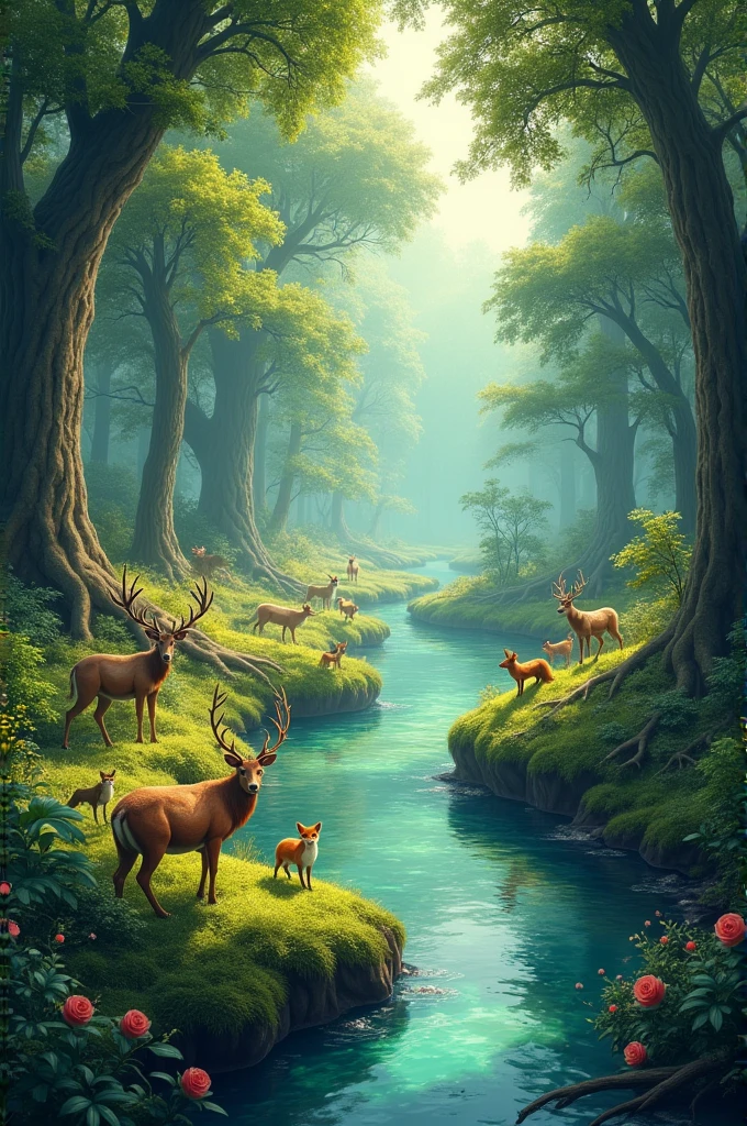 A beautiful forest with a river and wild animals 