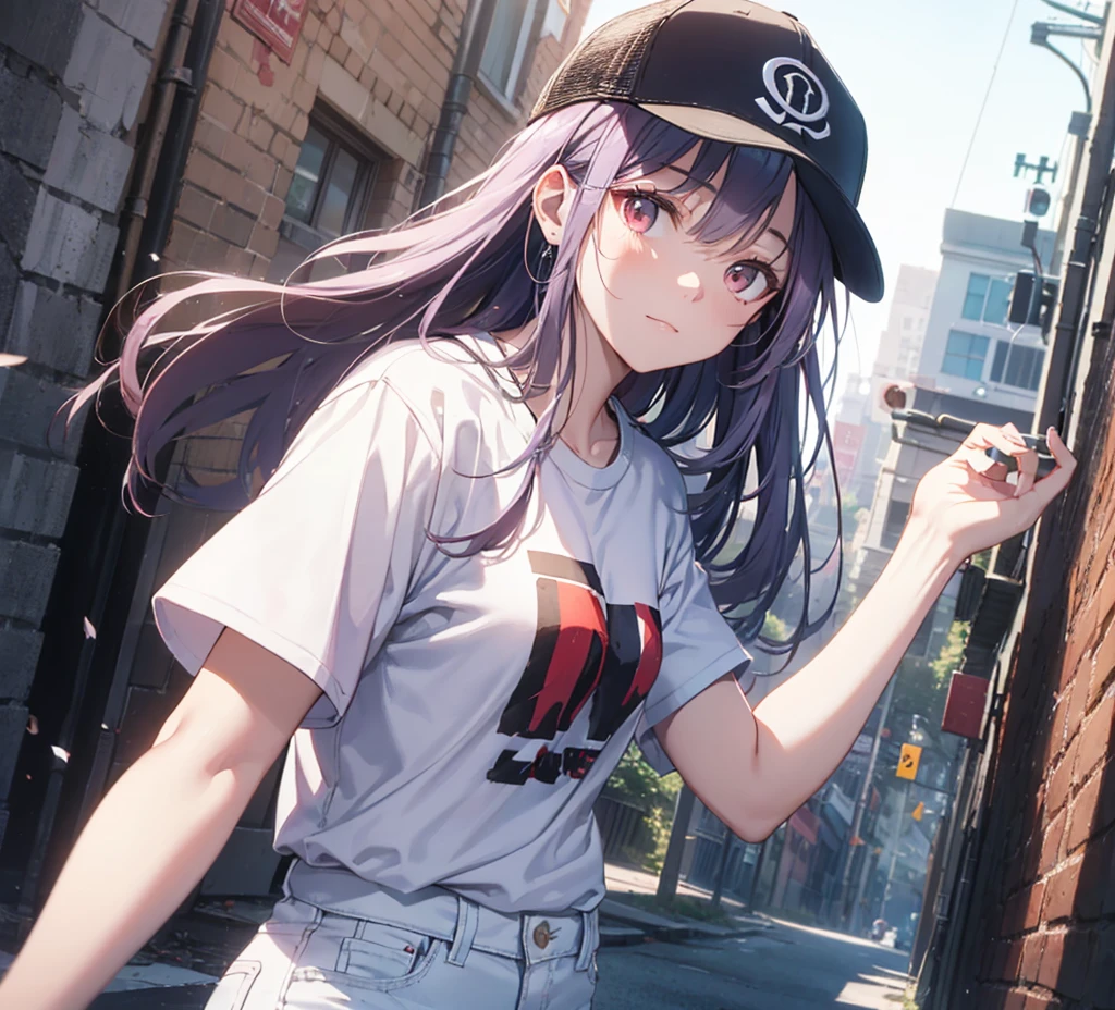 (Close-up:1.3),Realistic,Highest quality, Super detailed, High-quality CG rendering, The most delicate and beautiful, Floating softly, High resolution, (1 person), (Highest quality,4K,8k,masterpiece:1.2), Light purple hair,(Long Hair:1.5),Red eyes,(Pure white oversized short sleeve T-shirt:1.3),(Pure white skinny jeans:1.3),(Pure white baseball cap:1.3),In the city,old buildings,Narrow back alley,(front:1.3)