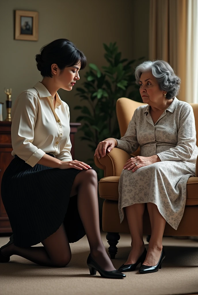 pretty 50 year old secretary with short dark hair, wearing a silk blouse and pleated skirt and black silky pantyhose, a very detailed view of her pantyhose, she is kneeling down on a carpeted floor, she is polishing the shoes of a very tall and imposing 80 year and slightly overweight woman dark curly hair, wearing a white floral dress who is sitting in an armchair and looking down at her and is angry, photo realistic.