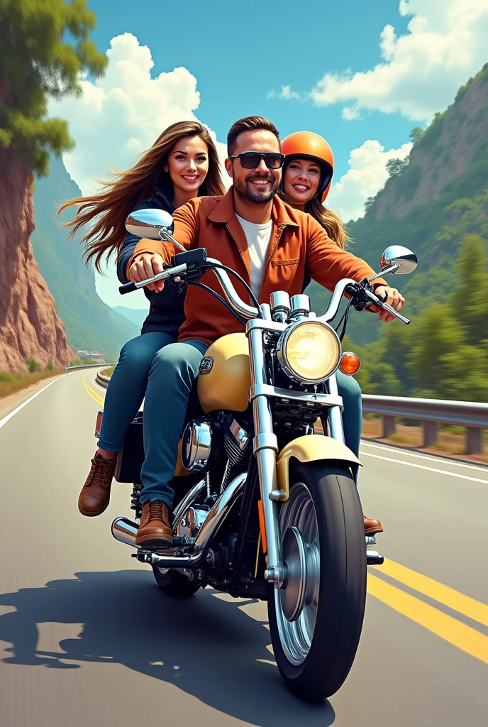 motor bike drawing 3 people sitting in motorcycle illustration