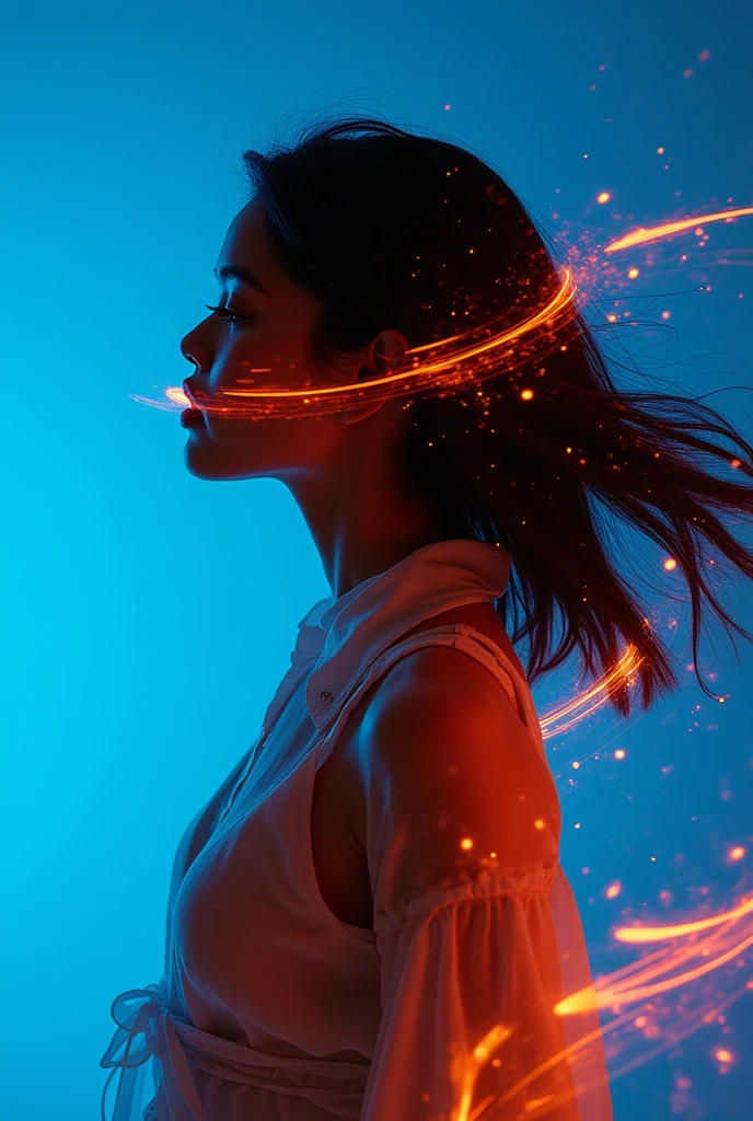 ashion editorial photography, medium shot of an asian model,Blue background,Orange contrast,Tech patterns, Dynamic silhouette, Virtual devices, Light effects and particles, Futuristic typography, Dynamic movement,Abstract geometry