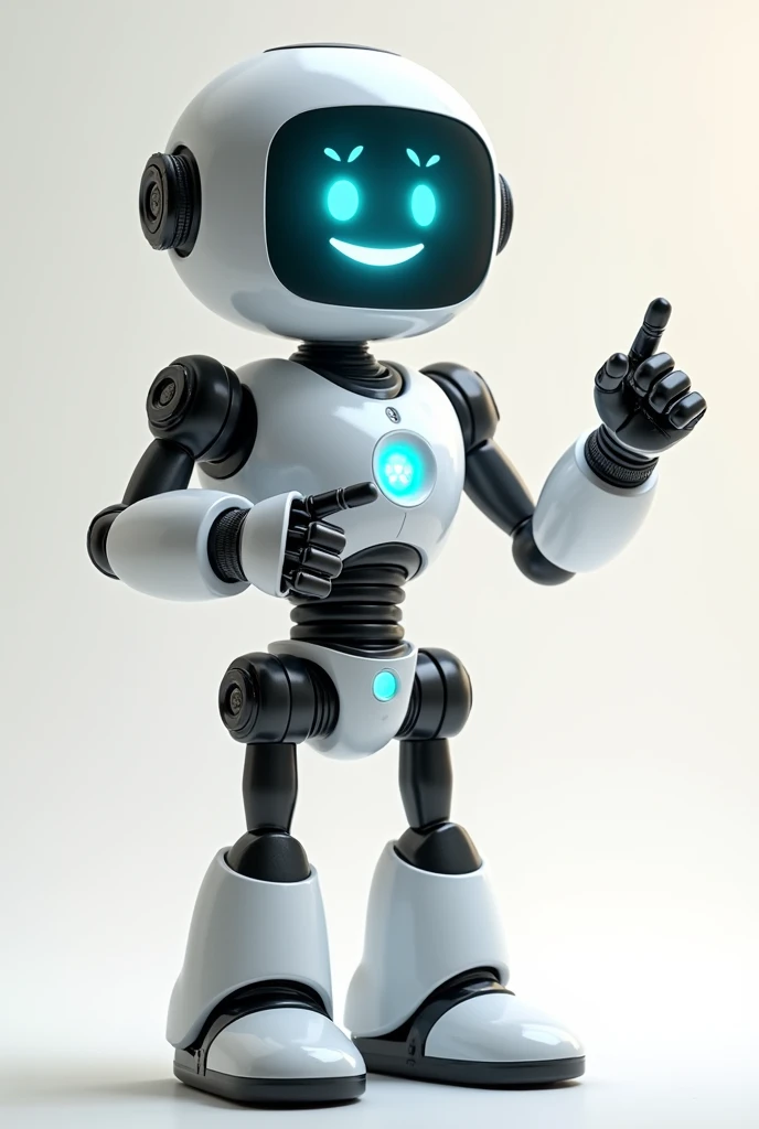 A friendly robot with a digital screen for a face, displaying an enthusiastic expression. The robot points his hands fingers to left. The background is blank.