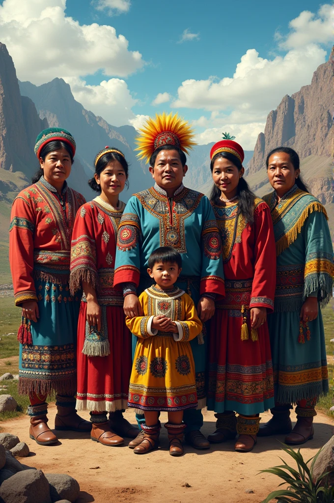 Create an image of 6 people, each of them wearing the clothing of 6 Bolivian cultures.