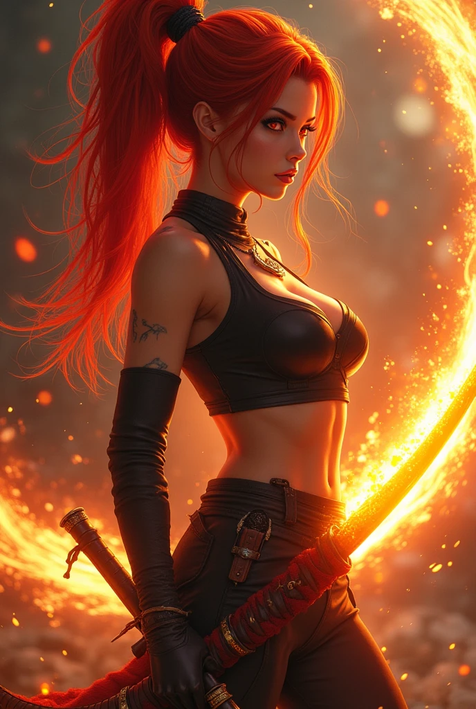 Red haired teenage girl with ponytail with red eyes with curvy waist and big thighs and big butt wearing sexy ninja clothes with a big fire sword 