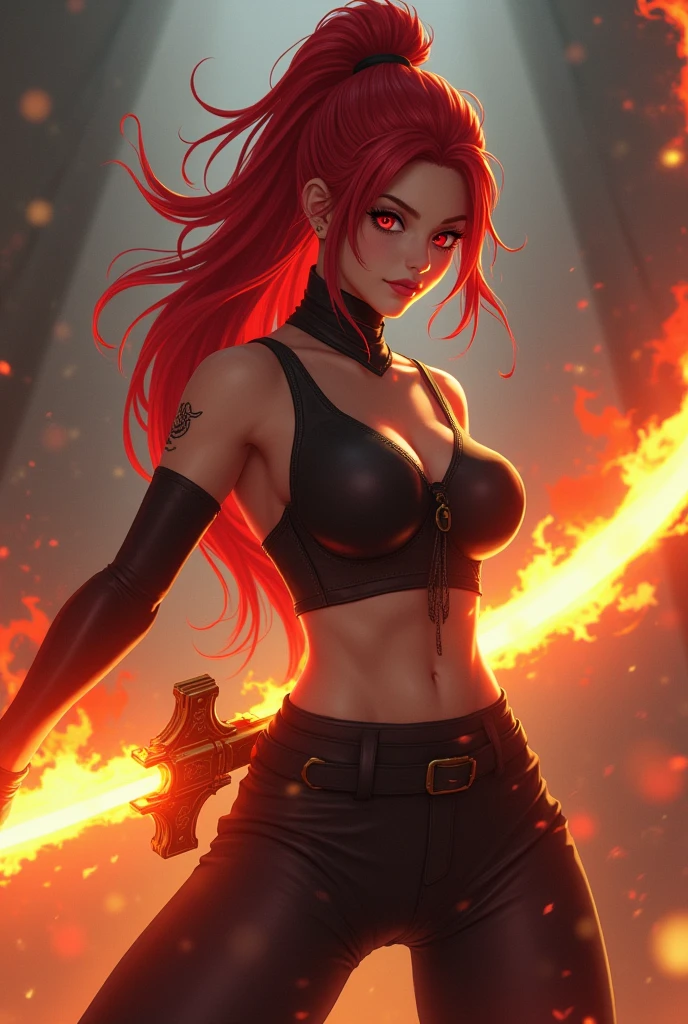 Red haired teenage girl with ponytail with red eyes with curvy waist and big thighs and big butt wearing sexy ninja clothes with a big fire sword 