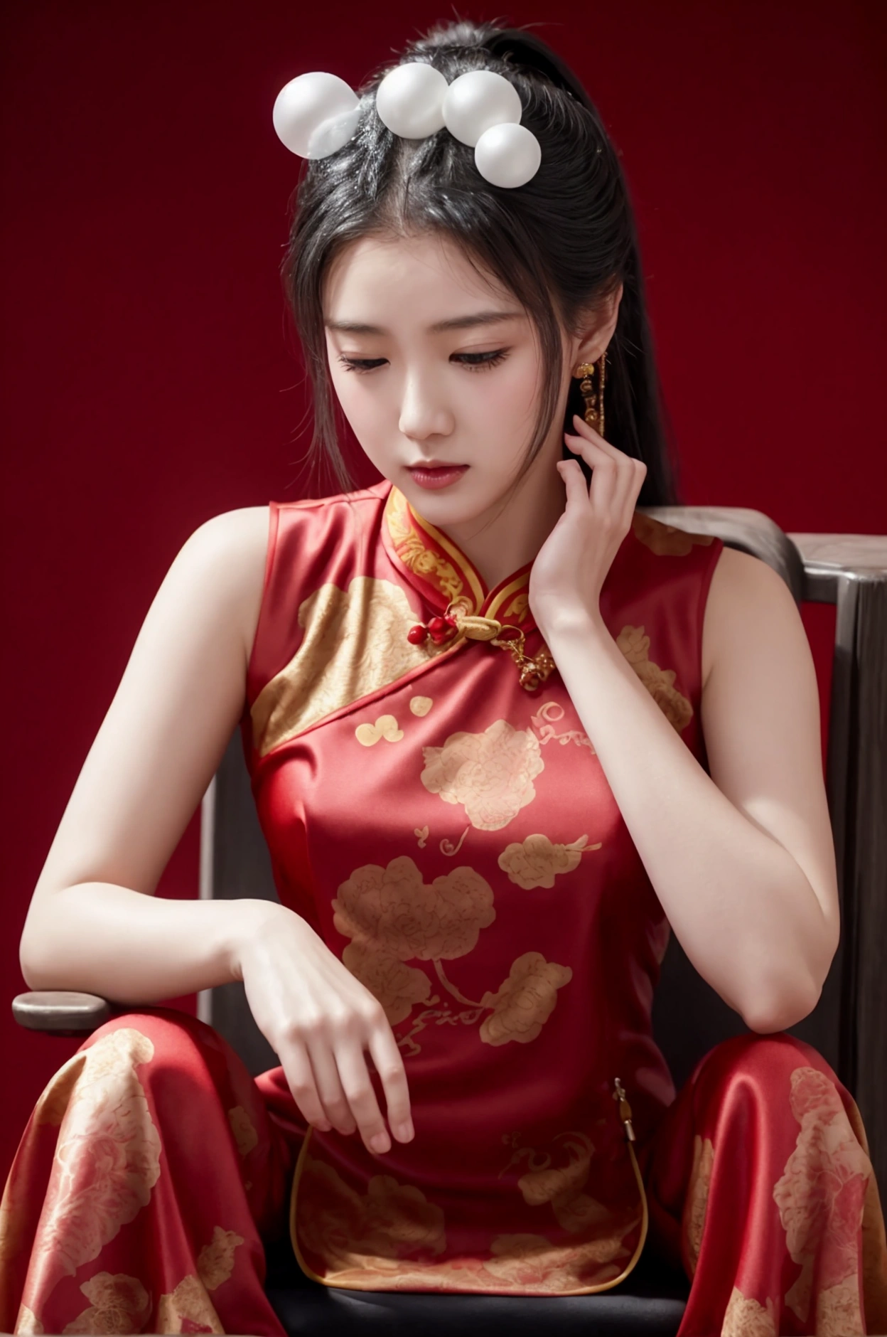 Creating the beauty of Asia，Red traditional cheongsam，Sit on a chair，Keep your feet together，Scratching the scalp with both hands，Wash your hair with both hands on your head，There&#39;s a lot of foam and water on my head，Foam-wrapped head，Realistic bubbles，Character front position，Real People，Character close-up，ancient attic background，9:16 frames，Ultra HD Painting