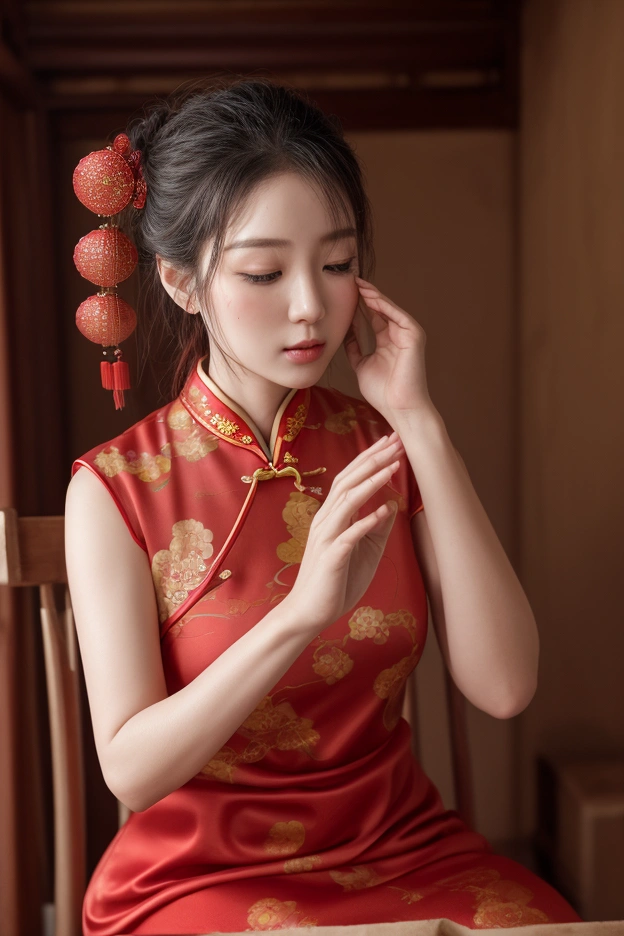 Creating the beauty of Asia，Red traditional cheongsam，Sit on a chair，Keep your feet together，Scratching the scalp with both hands，Wash your hair with both hands on your head，There&#39;s a lot of foam and water on my head，Foam-wrapped head，Realistic bubbles，Character front position，Real People，Character close-up，ancient attic background，9:16 frames，Ultra HD Painting