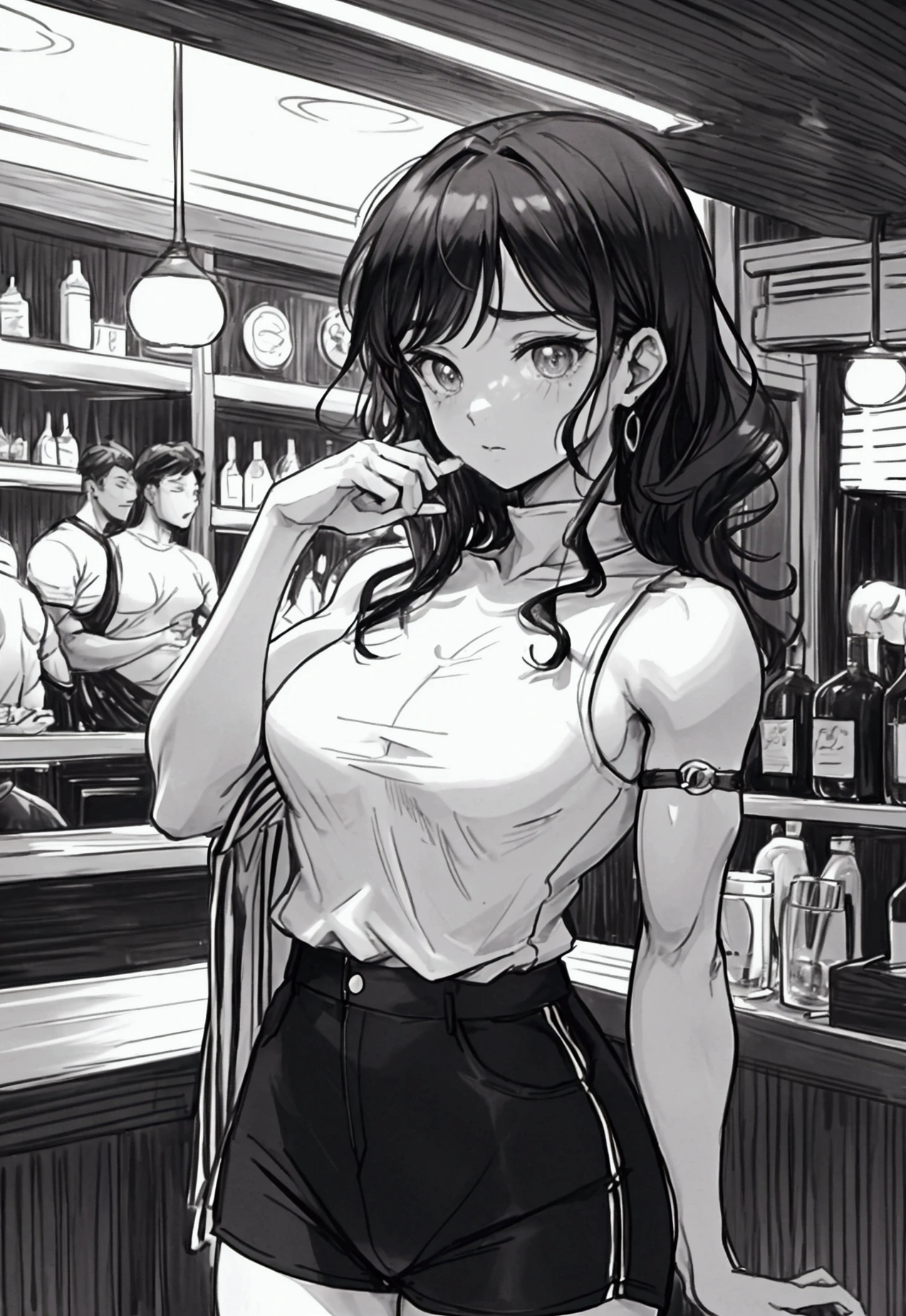 Create a detailed dynamic manga style illustration of a very woman in a bar. She has curly brown hair and large black eyes. She wears a tight sleeveless t-shirt, and a short skirt. Her expression is serious and focused as she intently watches her small, a big bicep contract on her left arm. The biceps has a huge vein. Her body is skinny but very muscular. Her thigh are huge with visible huge muscles. Her friends around her are visibly impressed by the sight, admiring her effort and dedication. The scene captures the determination on her face, the small yet defined muscle, and the supportive, amazed reactions of her friends.