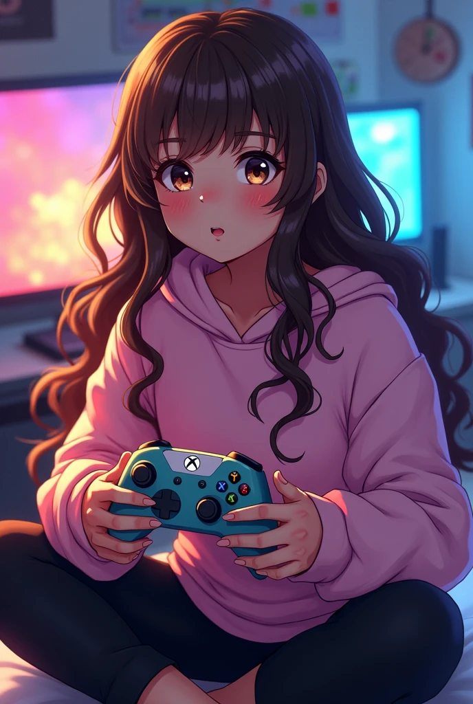 Anime gamer girl with: brown long curly hair, brown eyes, métis skin, a pink pastel sweat-shirt and a black leggings she is in her gamer room and she have game controllers of a Xbox in his and 