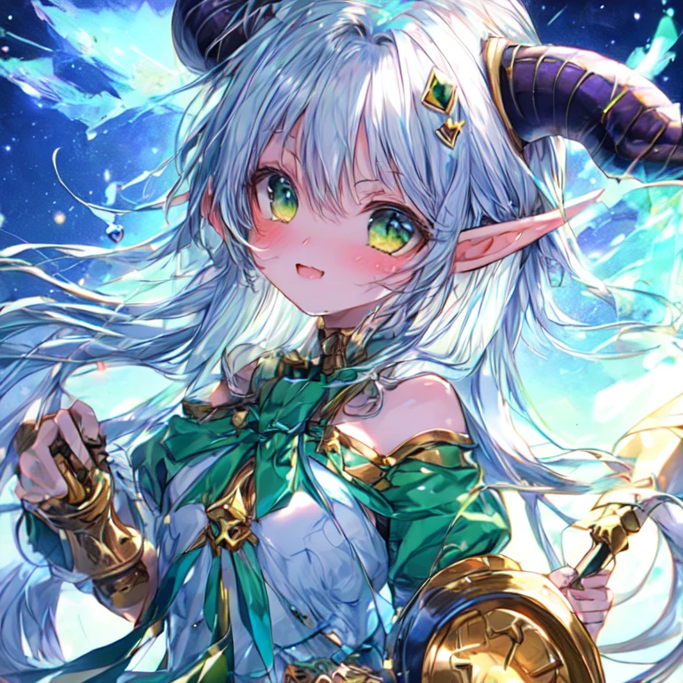 Beautiful elf lolka with two small horns, long silver hair, and green eyes, medium chest, and a two-handed hammer UHD, textured skin, super detail, high details, high quality,
