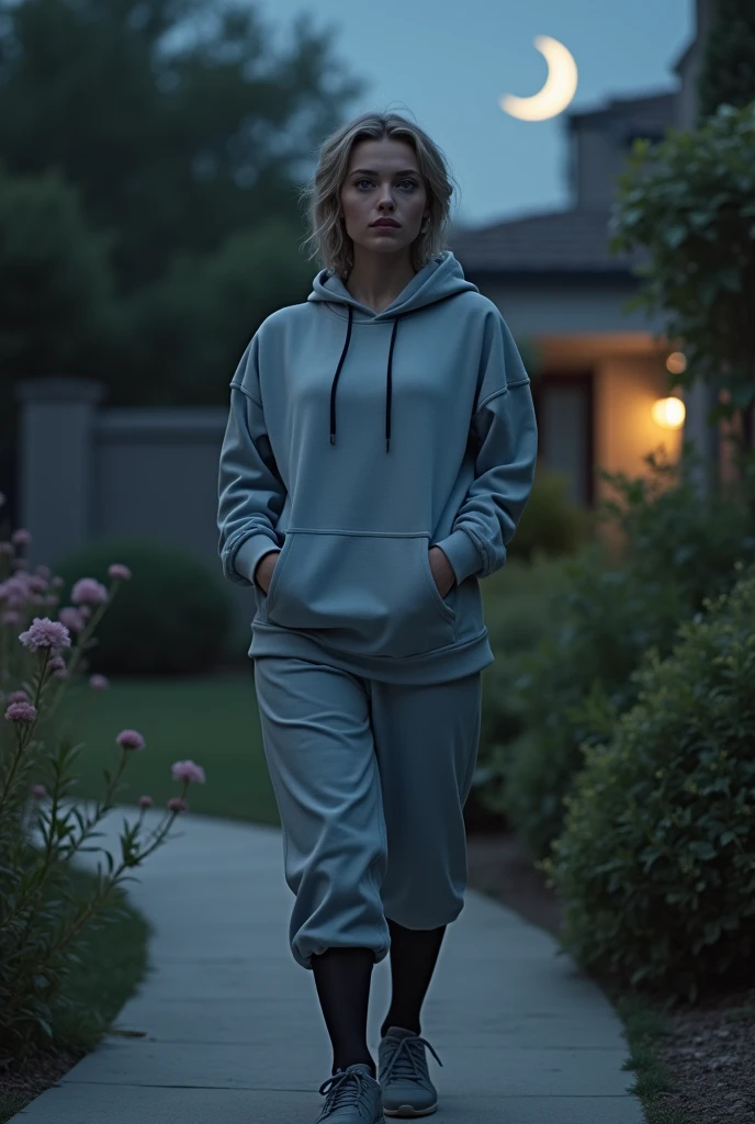 1 sister、Short braided hair up、ashen hair、gold eyes、therefore 3/4 length hoodie、A sweatshirt that clearly shows the lines of your body、Very inflated" breasts big" 、therefore 3/4 long pants、Grey sneakers、" black pantyhose" 、" Parkour" Running movement、A pale white garden at night、Pale Crescent Moon、beautiful waist