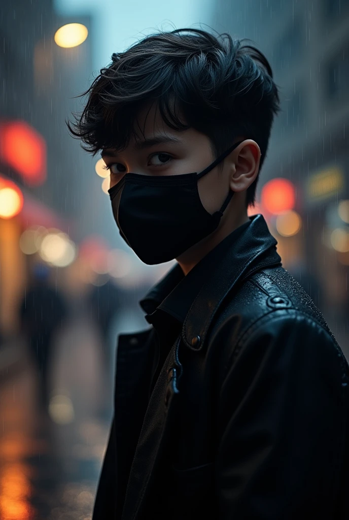 ((best quality)), ((masterpiece)), (detailed), perfect face, dangerous, street light, rain, a boy, innocent face, face covered by mask, straight fit pent, formal black shirt, jacket 