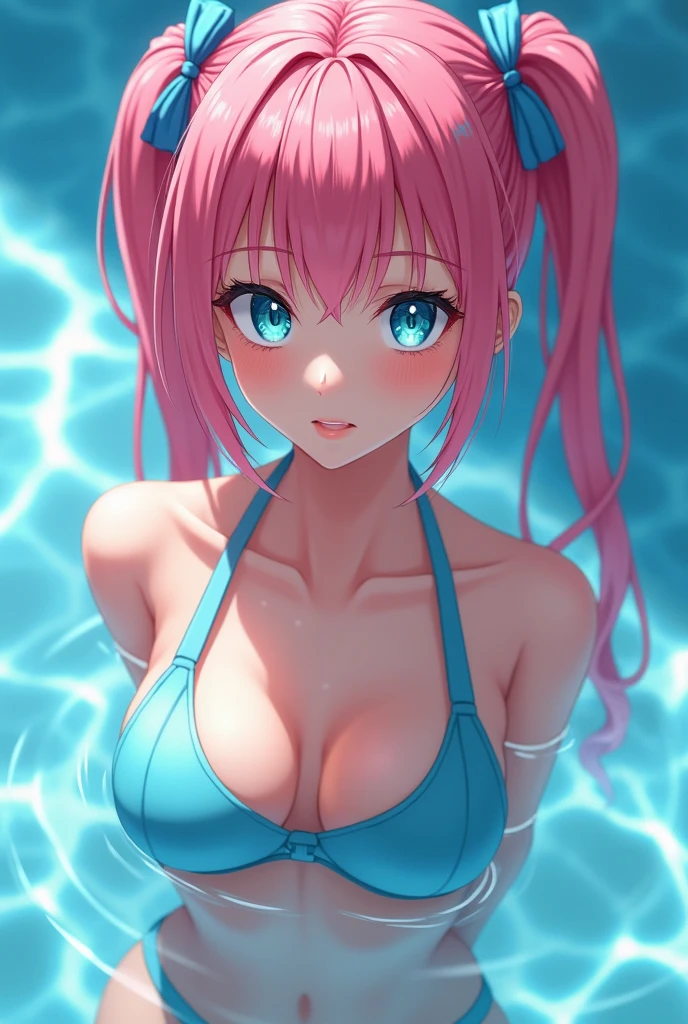 a close up of a person in a bikini posing in a pool, anime girl cosplay, anime cosplay, seductive anime girl, belle delphine, anime girl in real life, pink twintail hair and cyan eyes, swimsuit, ayaka cosplay, ahegao, cosplay, wearing two - piece swimsuit, is wearing a swimsuit, blue bikini, monokini realistic