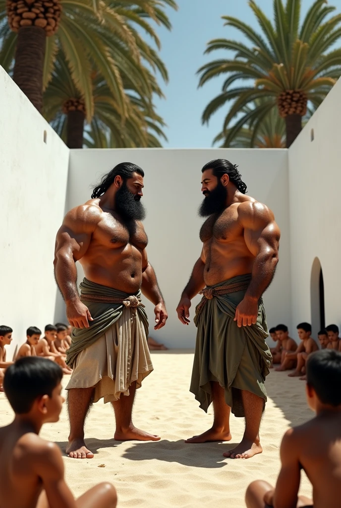 Two big hairy very hairy bearded strong muscular Persian men standing in white underwear, in a courtyard completely walled with a white wall, Sandy ground, big trees in the background. Boys around watching sitting on the floor leaning against the wall.