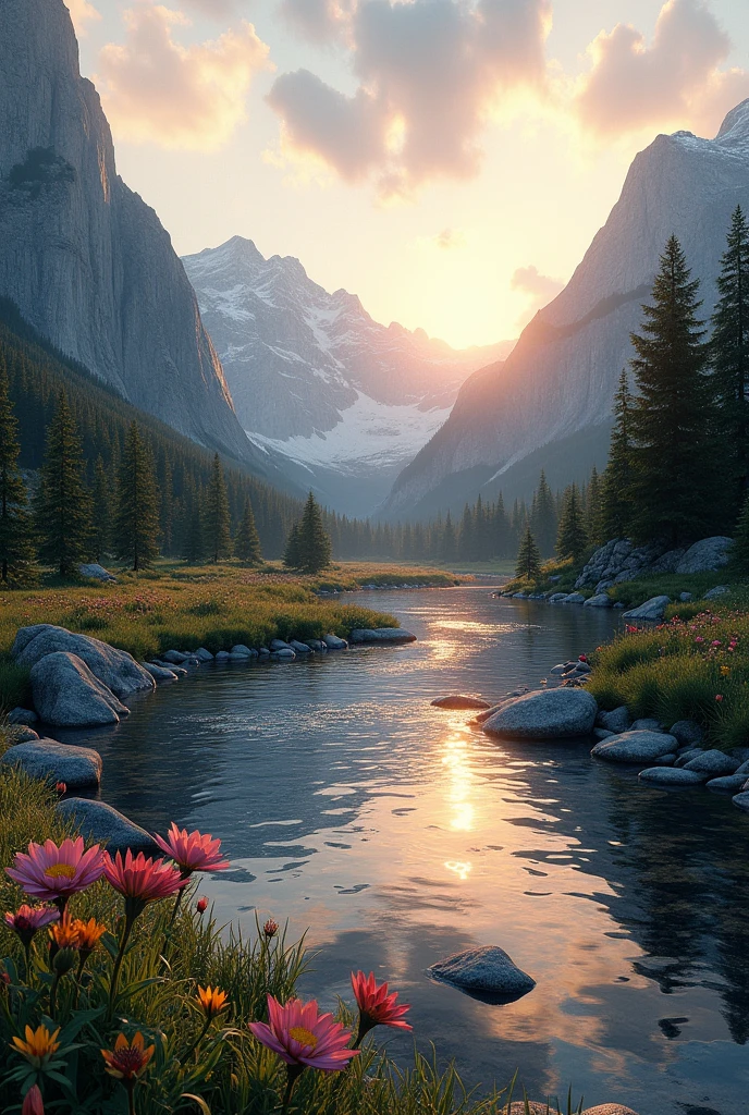 (photorealism: 1.2), photorealistic of a river in the mountains with lots of rocks and flowers at sunset