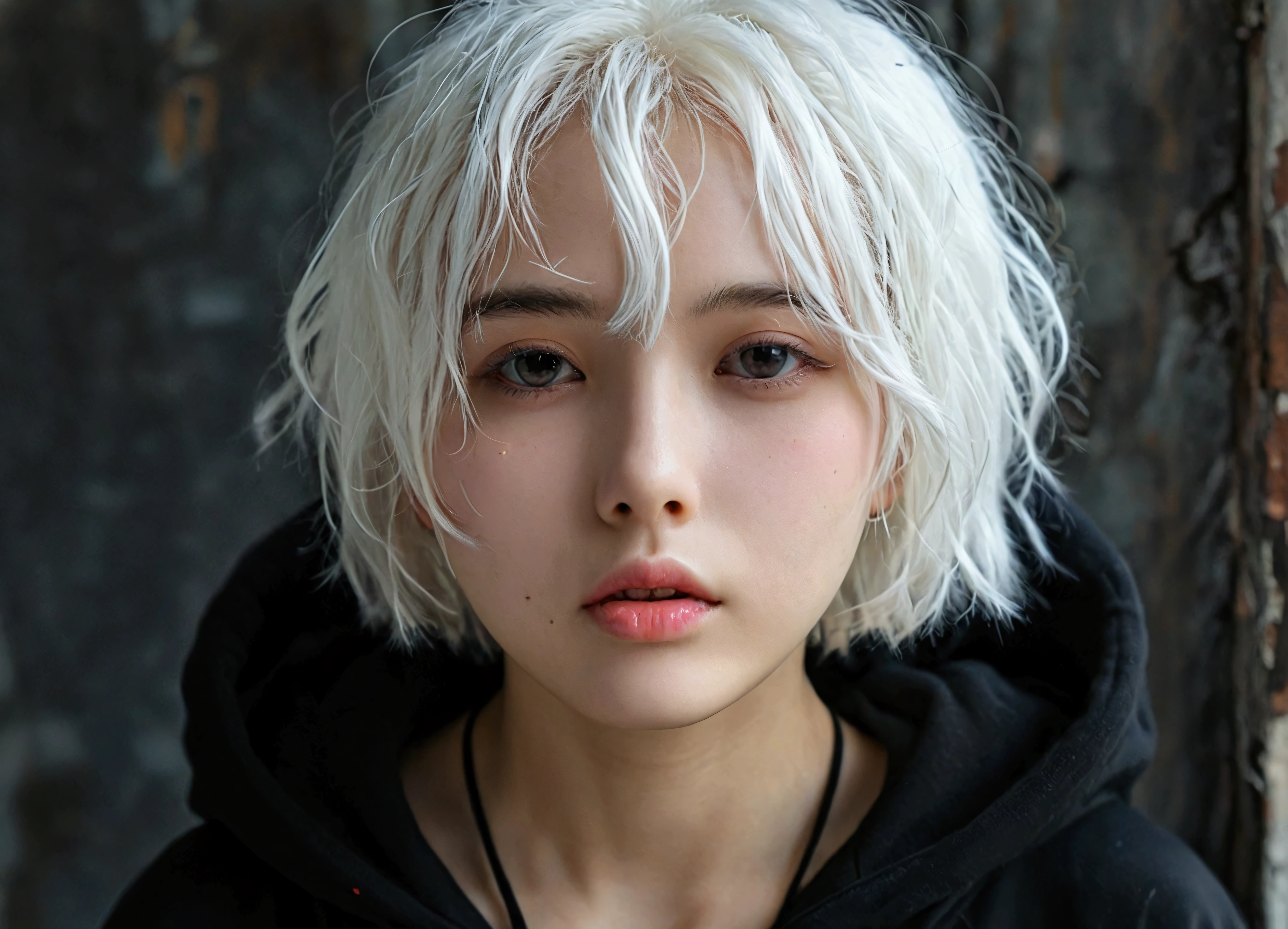 Wearing a black hoodie、A girl with short, unkempt bob hair、Pure white hair、Chew candy