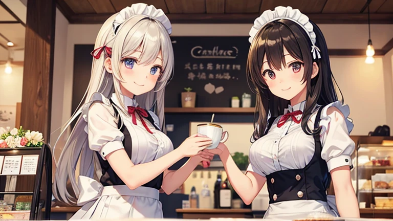 In the maid café、Please draw an illustration of a smiling woman in a maid uniform serving tea to a customer.。The woman has a gentle expression、I enjoy talking to customers。In the background、The interior of the store is depicted with counters and decorations.。