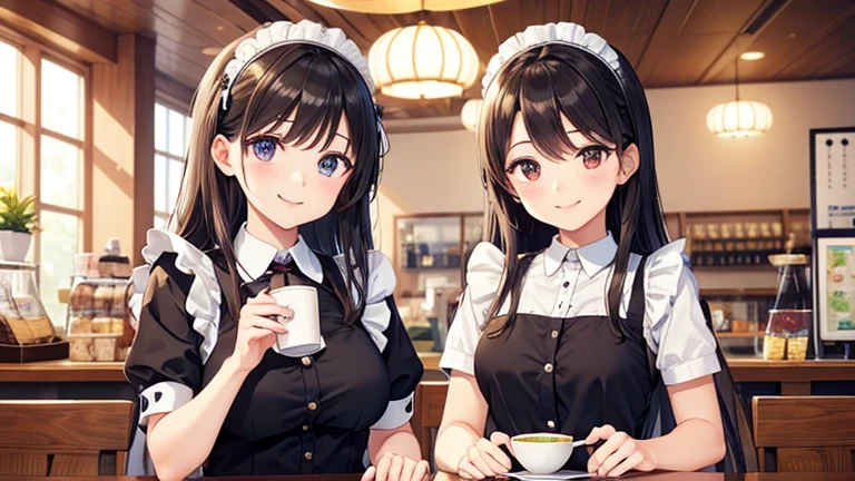 In the maid café、Please draw an illustration of a smiling woman in a maid uniform serving tea to a customer.。The woman has a gentle expression、I enjoy talking to customers。In the background、The interior of the store is depicted with counters and decorations.。
