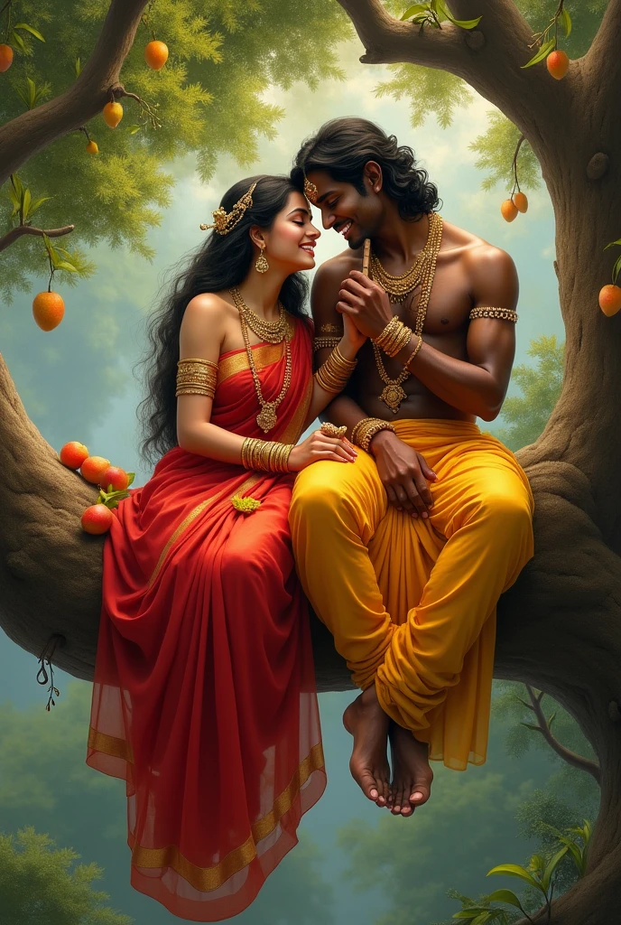 A picture of radha and krishna radha wearing a red color saree and kanha wearing a traditional indian yellow dress and both a sitting on the tree radha eating a mango and krishna playing with flute
