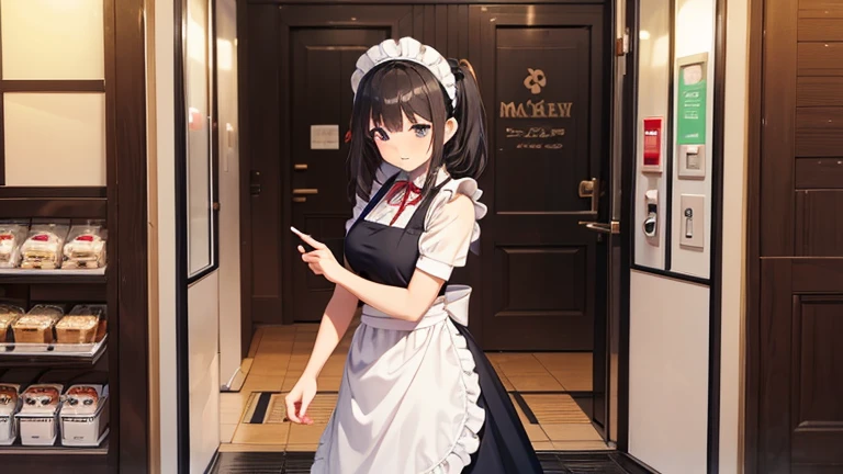 A woman in a maid outfit、Please draw an illustration of a maid welcoming customers at the entrance of a maid cafe.。The woman is bowing with the hem of her apron slightly raised.、It expresses a scene that conveys a warm atmosphere.。In the background、You can see the maid cafe logo and signs.。