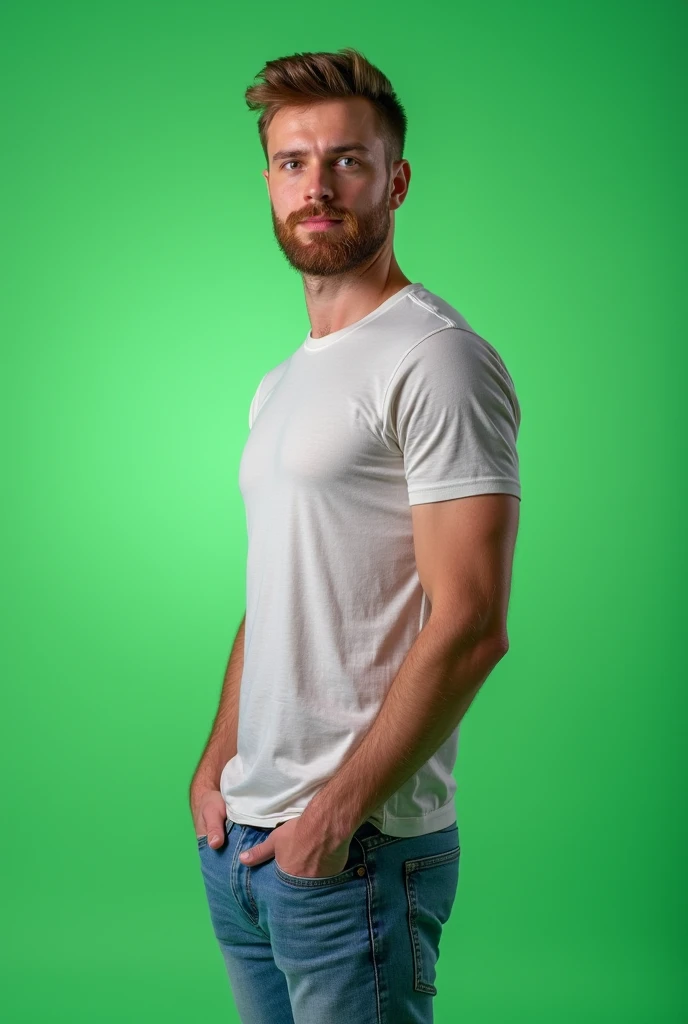 A 20 years old boy with Little beared image with his stomach. Wearing modern outfit. Image must be realistic. Background in in green screen.