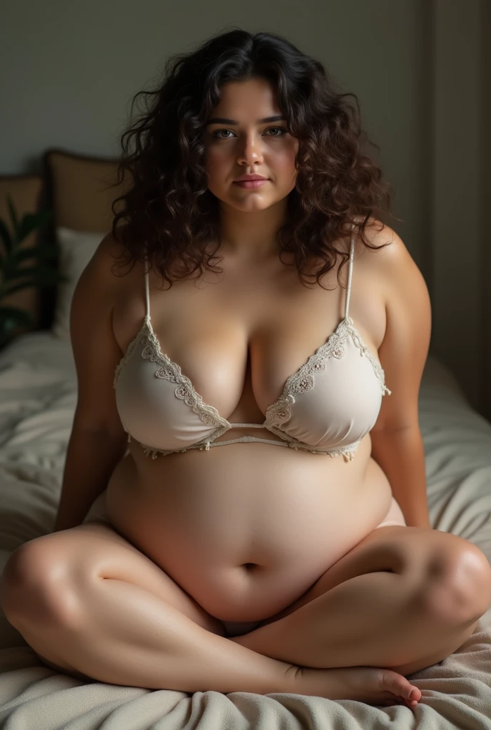 A brunette girl with curly hair and big breasts sits with her legs stretched out, taking a realistic photo