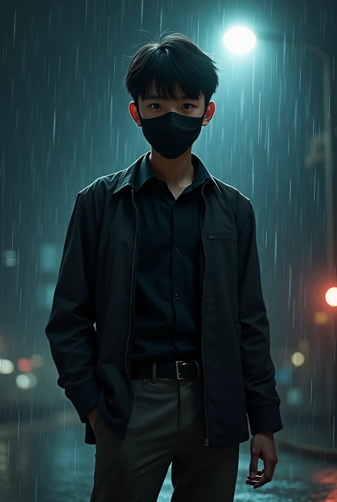 ((best quality)), ((masterpiece)), (detailed), perfect face, dangerous, street light, rain, a boy, innocent face, face covered by mask, straight fit pent, formal black shirt, jacket 