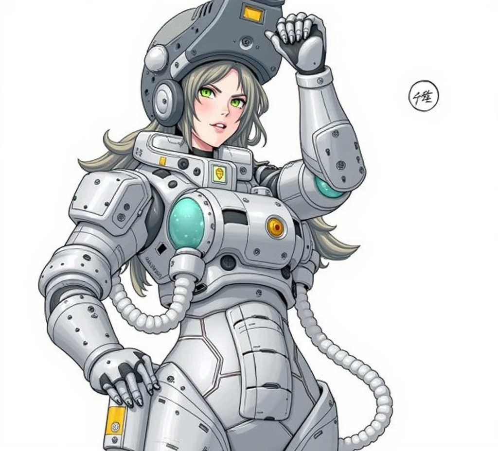 a drawing of a woman in a futuristic space suit holding a gun, (hair swept bangs:1.3), (long brown hair:1.3), female mecha, mechanized soldier girl, mecha, fully robotic!! girl, anime style, from girls frontline, fine details. girls frontline, girls frontline universe, girls frontline style, girls frontline, girls frontline cg, soft anime illustration, 2 0 2 2 anime style, 2022 anime style, pixiv contest winner, pretty anime character design, render of april