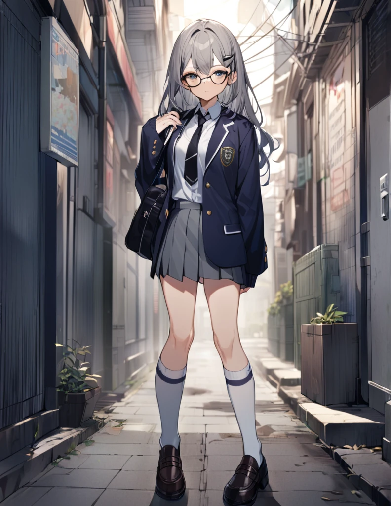 1 girl, glasses, hair clip, school uniform, blazer, cardigan, sleeves past wrists, black necktie, gray skirt, long socks, shoes, looking at viewers, standing
