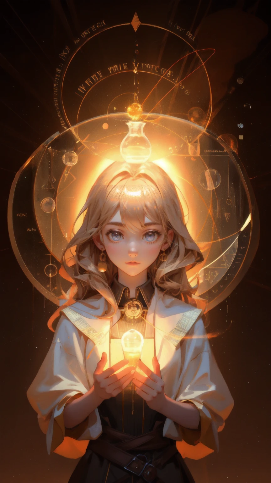 A brilliant young female alchemist deeply engrossed in 'Altcoin Alchemy,' surrounded by ancient texts and mystical formulas in a warm brown laboratory. The scene is illuminated by the glow of altcoin symbols such as Bitcoin, Ethereum, and others, floating above bubbling beakers and flasks. The brown background gives the laboratory an earthy, aged feel, enhancing the magical atmosphere as she carefully conducts her experiments with a mix of focus and excitement.